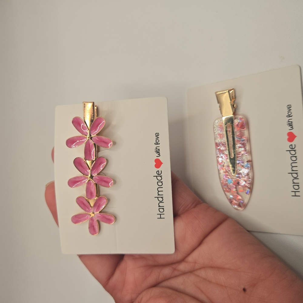 Pink Floral and Glitter Hair Clips